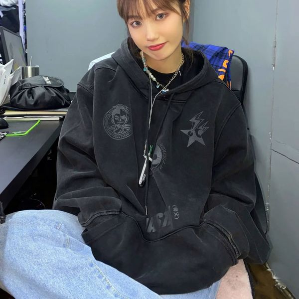 

women's hoodies & sweatshirts male and female hoodie high street retro-loose high-street design double-sleeve long shirt print i0xt, Black