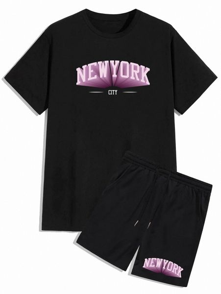 

romwe guys letter graphic tee & drawstring shorts c7no#, Gray