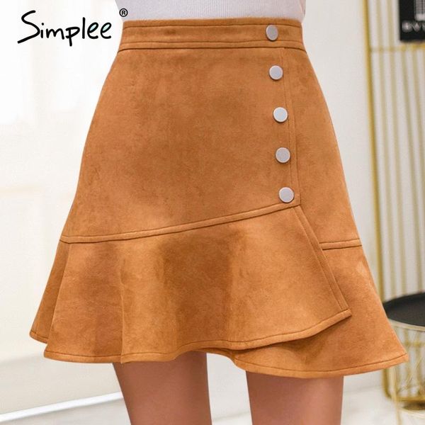 

skirts simplee suede winter skirt women ruffle high waist button bodycon mini autumn casual slim trumpet plus size, Black