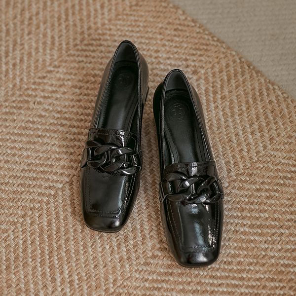 

womens genuine leather thick med heel slip-on pumps square toe chain decoration female soft comfortable ol style daily shoes, Black