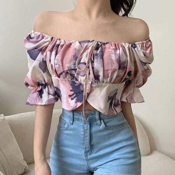 

women's blouses & shirts jlong fashion floral print slash neck blouse short sleeves chiffon shirt girls sweet, White