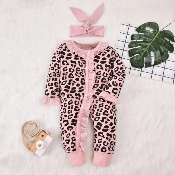 

clothing sets baby girls romper cotton born infant flare sleeve leopard printed jumpsuit romper+headbands clothes, White