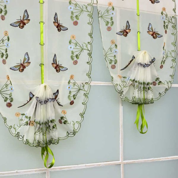 Cortina de borboleta de borboleta de cor pastoral Padrão de tule para quarto sala de estar cozinha cortina romana decoração home 210712