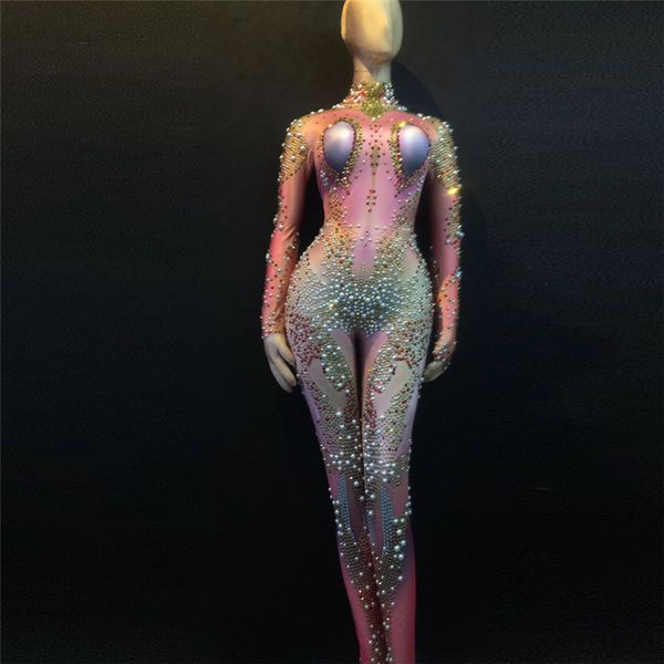 

gold rivets rhinestones pearls women jumpsuit birthday celebrate prom outfit womens singer dancer costume evening club dresses, Black;red