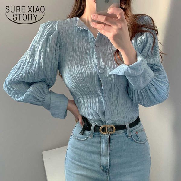 

chic pleated slimming bezel buckle lantern sleeve shirt women shirt long sleeve blouse women blouses fashion autumn 10993 210528, White