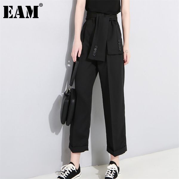 

[eam] spring high waist lace up black slim temperament trend fashion women's wild casual wide leg pants la2 211118, Black;white