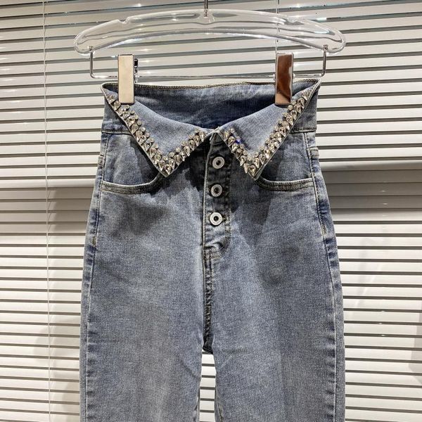 

2021 Spring New Arrival Solid-knit Strass High-waisted Female Lapel Elastic Fine-waisted Waistwear Adjustments Pencil Jeans 5ck4, Blue