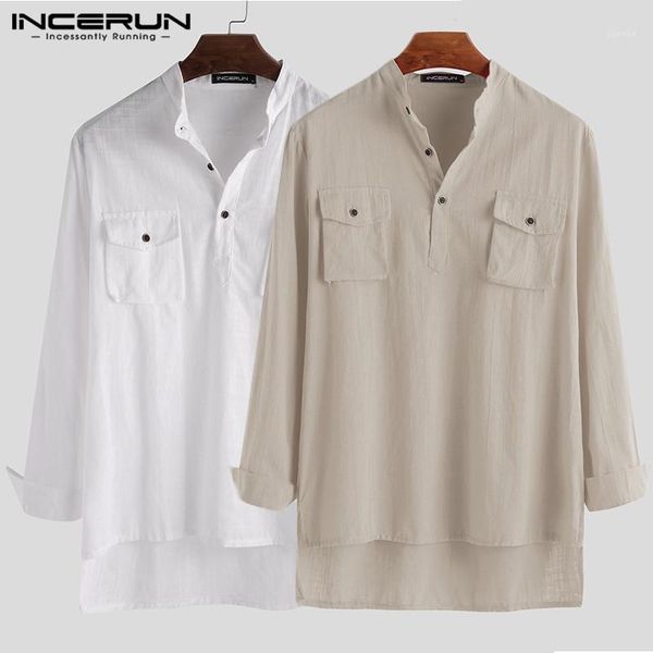 

incerun fashion retro men solid color long sleeve collar shirt casual joker comfort pullover cotton linen mens blouse streetwear1, White;black