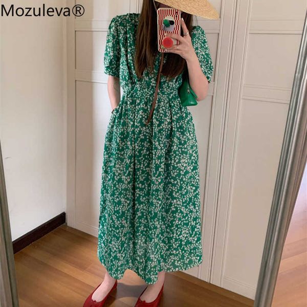 

mozuleva women summer green dresses v-neck high waist pockets printed floral vintage korean style lady long dresses 210706, Black;gray