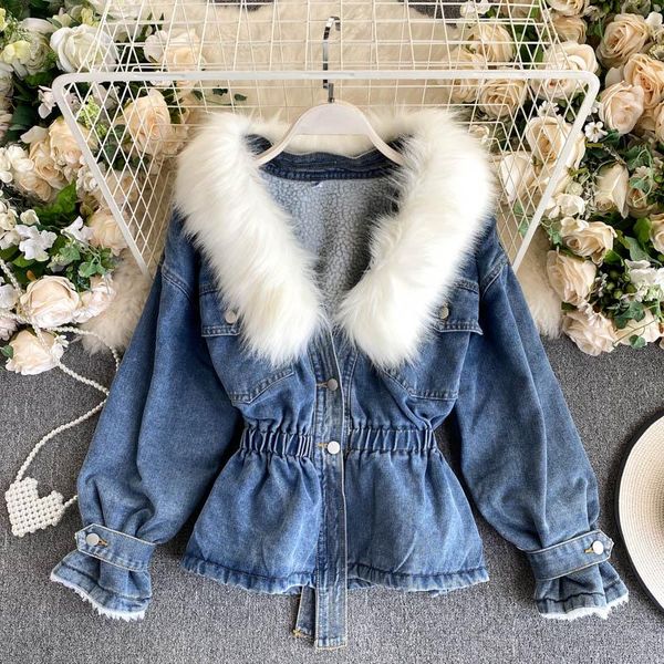 

jean jacket women denim jackets 2021 spring winter vintage parkas thick fur collar casual bomber jacket coats mujer chaqueta, Black;brown