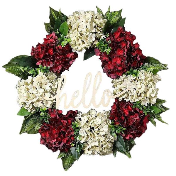 

wreath for front door spring summer wreath red white hydrangea handmade hello farmhouse