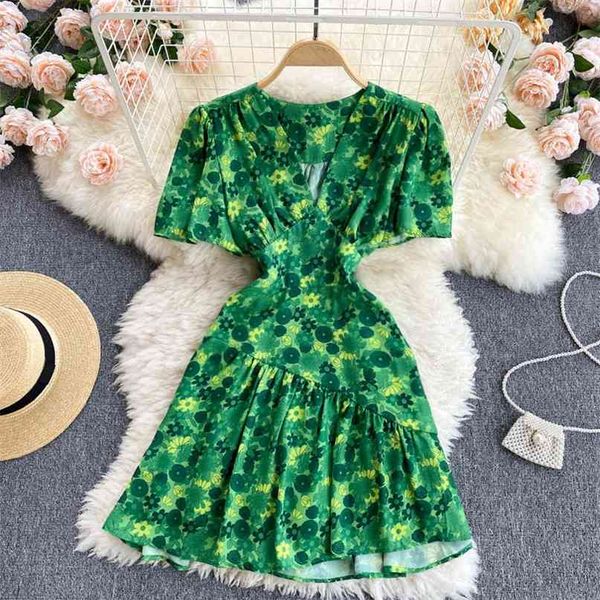 Зеленый цветочный принт женской платья лето мини-эс Корейский женский V-образным вырезом с короткими рукавами с короткими рукавами высокая талия оборки вскользь 210603