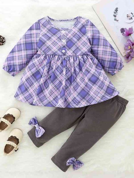 

baby tartan fake button & bow leggings she, White