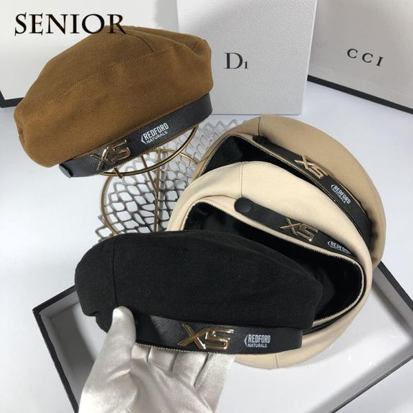 

berets japanese fashion leather buckle letters women's beret street ins flat artist hat autumn all-match women, Blue;gray