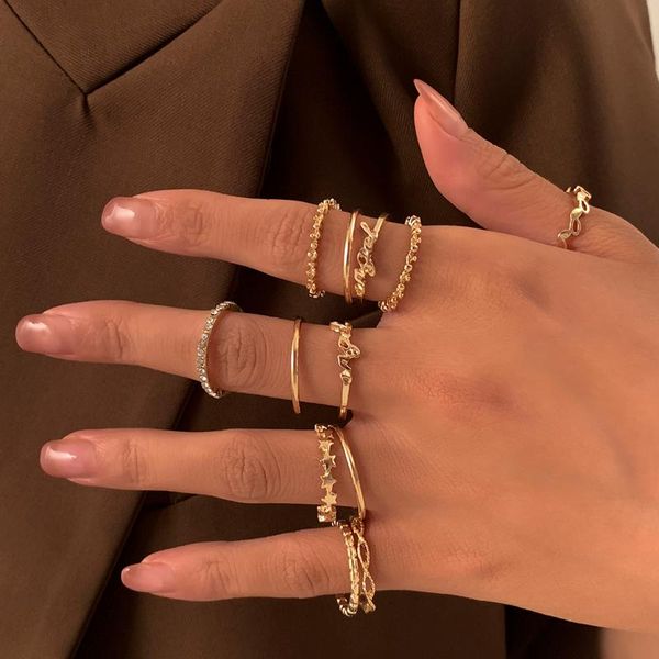 

cluster rings shixin 12pcs shiny stackable star letter ring for women trendy luxury rhinestone set boho knuckle finger jewelry 2021, Golden;silver