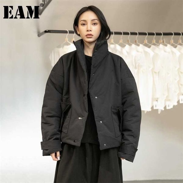 

[eam] black warm short stand collar cotton-padded coat long sleeve loose fit women parkas fashion autumn winter 211007