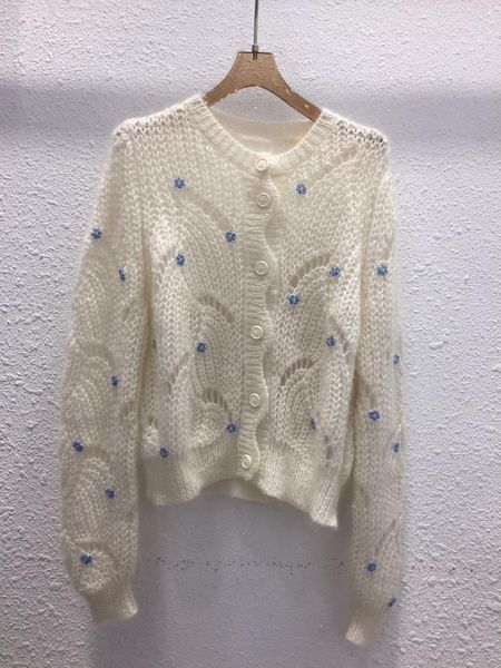 

women's knits & tees early autumn of 2021 the nail bead flower hollow out languid is lazy wind knitted cardigan 0827, White