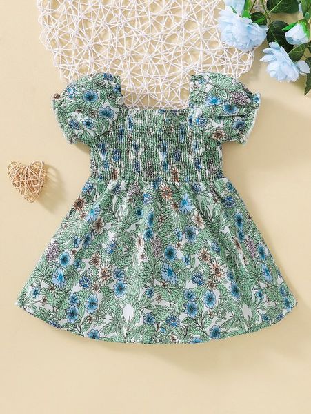 

baby allover floral print shirred puff sleeve dress she, Red;yellow