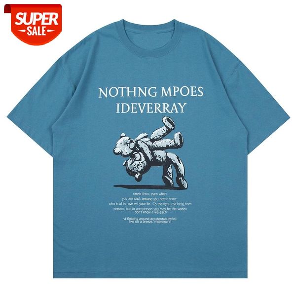 

Harajuku T-Shirt Mens Streetwear Bear Hug Print Hip Hop Tshirts 2021SS Summer Cotton Short Sleeve Shirts Loose Tops Tees White #Yg6E, White;black