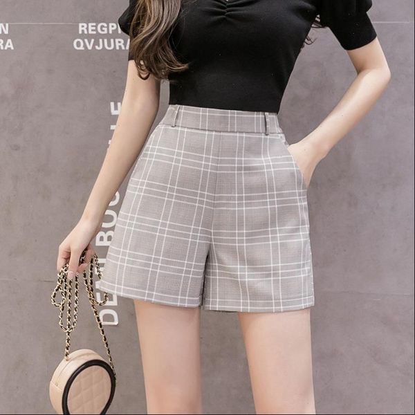 

summer loose plaid shorts women girl students elastic high waist chiffon formal shorts women ladies thin shorts femeninos, White;black