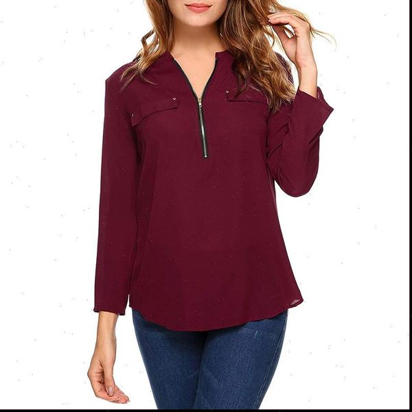 

casual v neck long sleeve chiffon blouse women loose zipper shirt blouse blusa feminina vestidos plus size, White