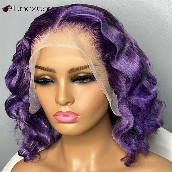 

lace wigs unextar purple color deep wave with natural hairline brazilian remy t part human hair bob wig for women, Black;brown