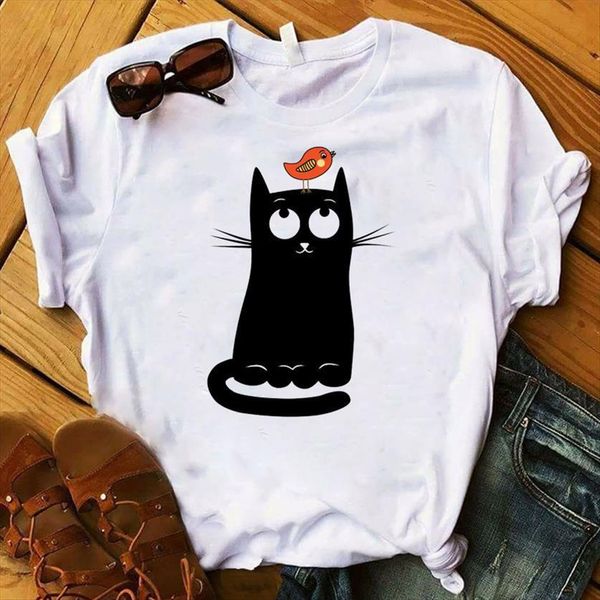 

cartoon cat bird printed womens t shirt short sleeve loose tee female clothes graphic, White