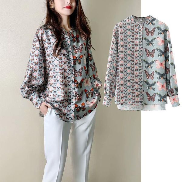 

za 2020 new fashion women butterfly printing splicing chiffon shirt blouses long sleeve chiffon shirt casual loose, White