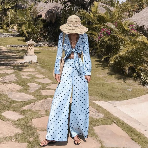 

women's two piece pants trendy beach style clothing set lace decorated polka dots cardigan and wide leg one, White