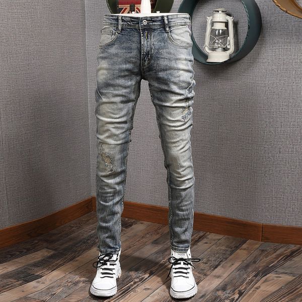 

2021 new italian style fashion men slim fit elastic ripped jeans retro wash autumn newly vintage designer denim pants 43oi, Blue