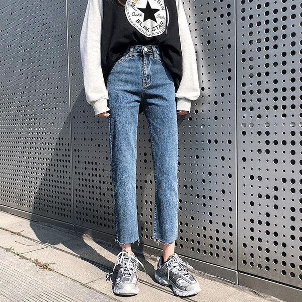 

women's jeans woman high waist clothes denim clothing streetwear vintage quality fashion harajuku slim fit straight pants ankle, Blue