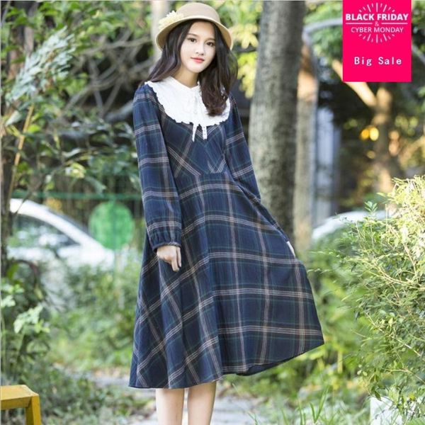 

casual dresses mori girl japanese soft sister cute lolita plaid dress female 2021 summer slim sweet bow patchwork op l805 wholesale, Black;gray