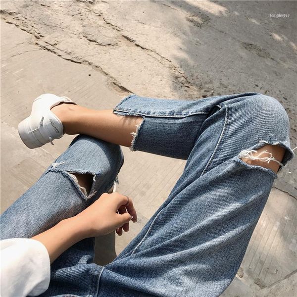 

spring hole jeans women loose large size nine points pants straight high waist1, Blue