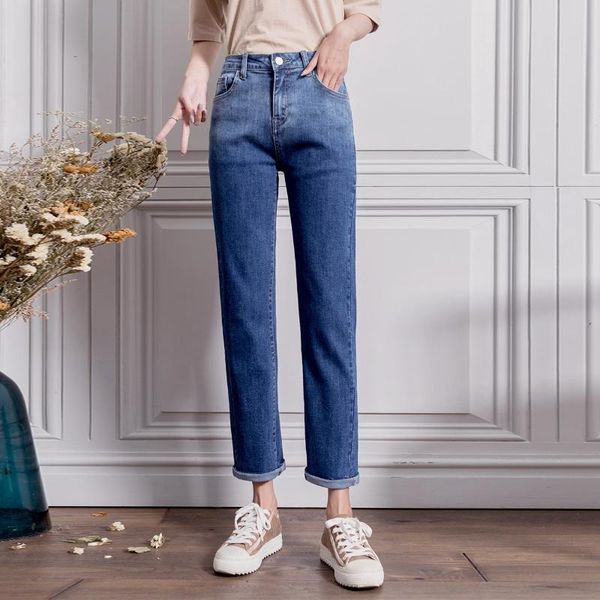 

women's jeans tongsihai women fashion stretch straight ankle-length pants girls student high waist loose blue cotton elastic denims