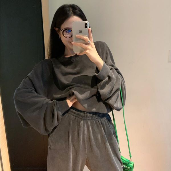 

women's two piece pants 2021 clothing fashion suit grey ins long sleeve sweatshirt leisure sports wind crew neck loose early autumn, White