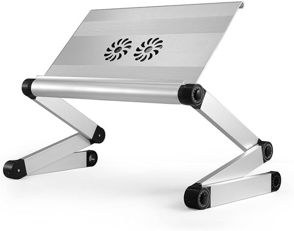 Executive Verstellbarer, ergonomischer Laptop-Kühlständer, Schoßschreibtisch für Bett, Couch, mit 2 Lüftern, 3 USB-Anschlüssen, zusammenklappbarer Aluminium-Desktop-Riser-Tablett, Höhe, Neigungswinkel, Silber