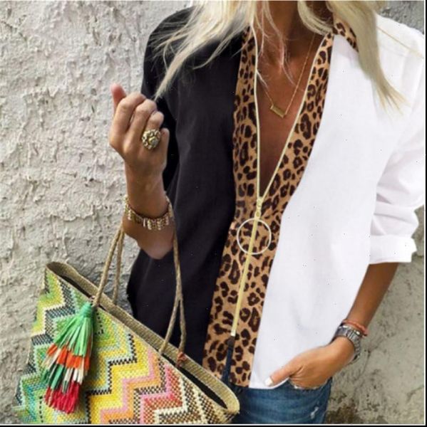 

fashion leopard white spliced blouse women shirts fall long sleeve zip up v neck casual female plus size blouse