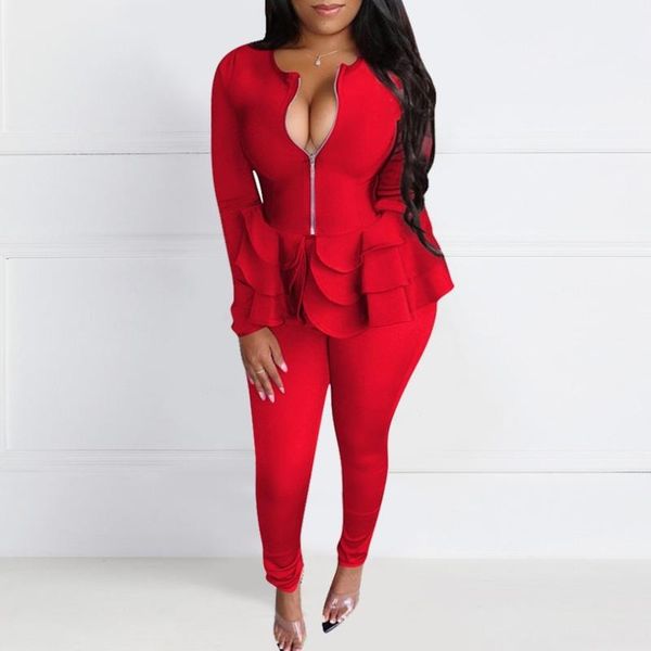 

long sleeve ruffles and pants suits women spring autumn casual office ladies matching outfits two piece set plus size fall, Gray