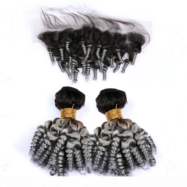 

malaysian silver grey ombre aunty funmi human hair weaves and frontal closure 13x4 #1b grey ombre bouncy curly 2bundles with lace frontal, Black;brown