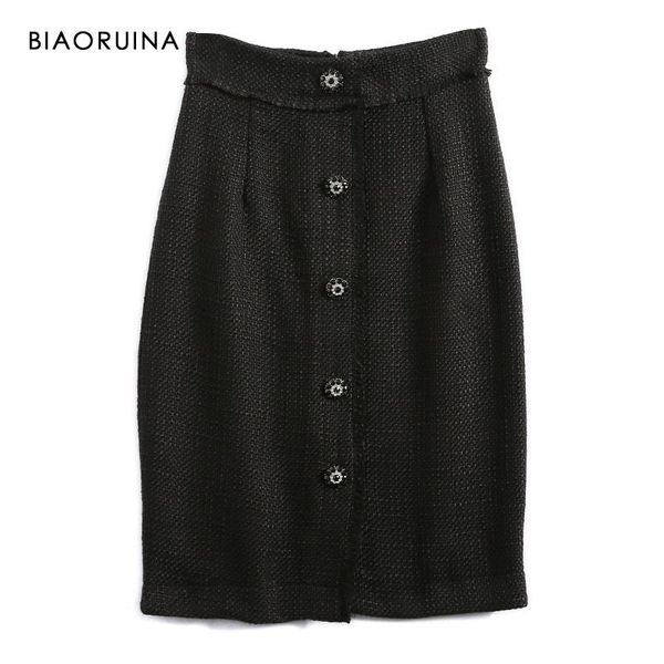 

skirts biaoruina women's black tweed retro knee-length skirt rhinestone buttons decoration high waist ladies elegant
