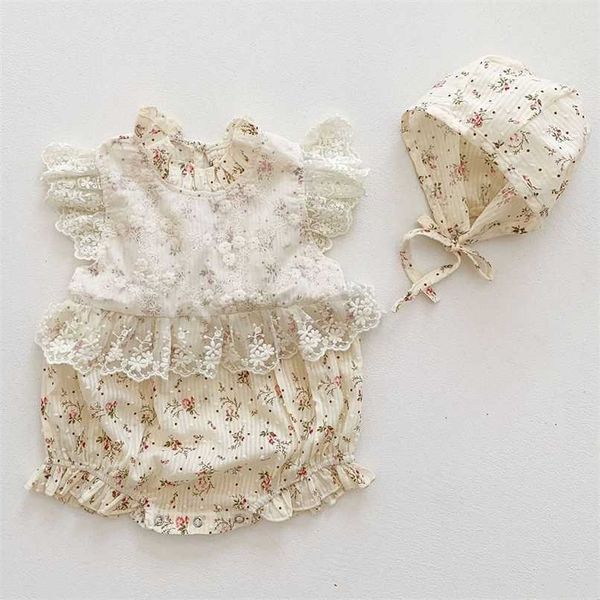 

princes baby girl rompers with lace hat summer born girl clothes set fashion baby clothing outfits for party 211023, Blue