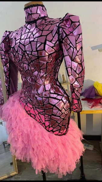 

shining rose pink mirrors sequins dress evening party wear dress singer birthday celebrate dance dress, Black;red