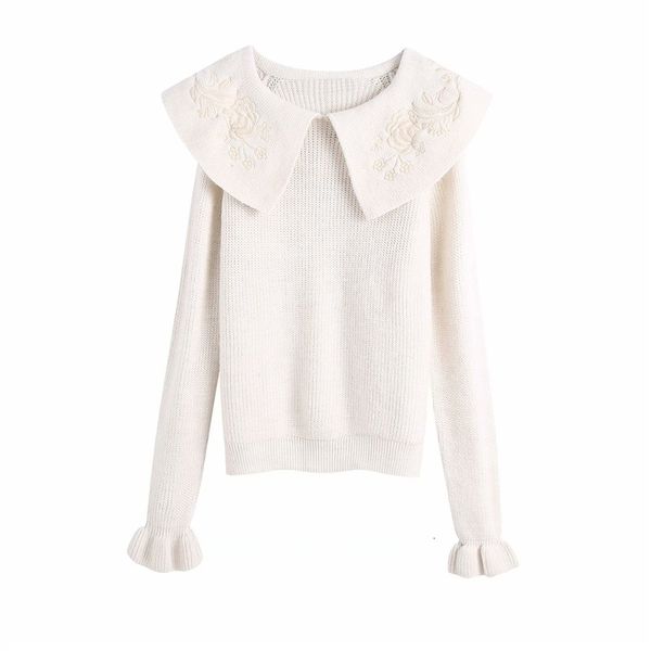 

women's sweaters autumn girls casual za knitted white pullover women fashion flower embroidery collar long sleeve sweater female j, White;black