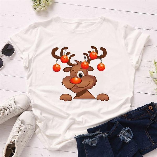 

cartoon elk print women t shirt short sleeve casual white tshirts girls ladies christmas t-shirts t-shirt women clothes