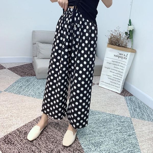 

women's pants & capris 2021 summer arrival dot print chiffon sweet high waist loose wide leg women ankle-length tie, Black;white