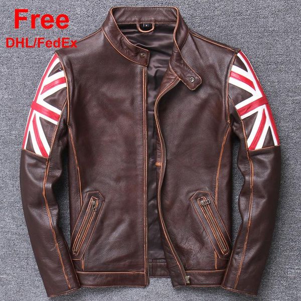 

men's leather & faux mens genuine jacket vintage motorcycle biker jackets brown cowhide coat male plus size 5xl fast dhl/fedex, Black