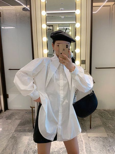

2021 women's new big turn-down collar lantern design white street style long sleeve shirt women hor4, White;black