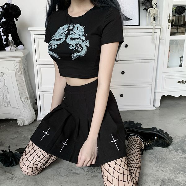 

streetwear slim dark crop gothic women o-neck short sleeve dragon print t-shirt female harajuku summer, White