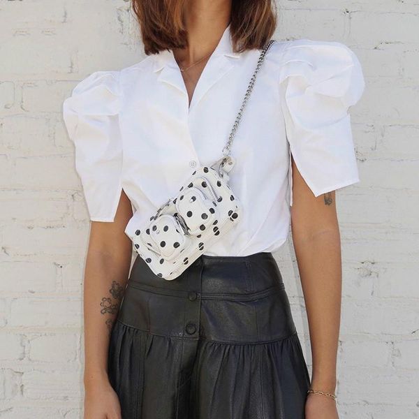 

women's blouses & shirts 2021 spring short puff sleeve v neck white slim shirt women cotton t289