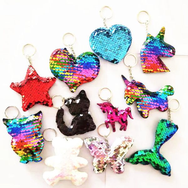 

reversible sequins keychain sequined cartoon key ring unicorn cat bear star heart christmas tree elk ice cream hanging charms pendant g31203, Blue